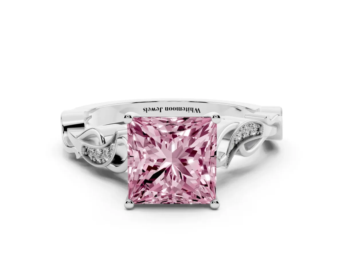Fancy Pink Princess Cut Solitaire Vine Band with Milgrain Prong Setting Silver