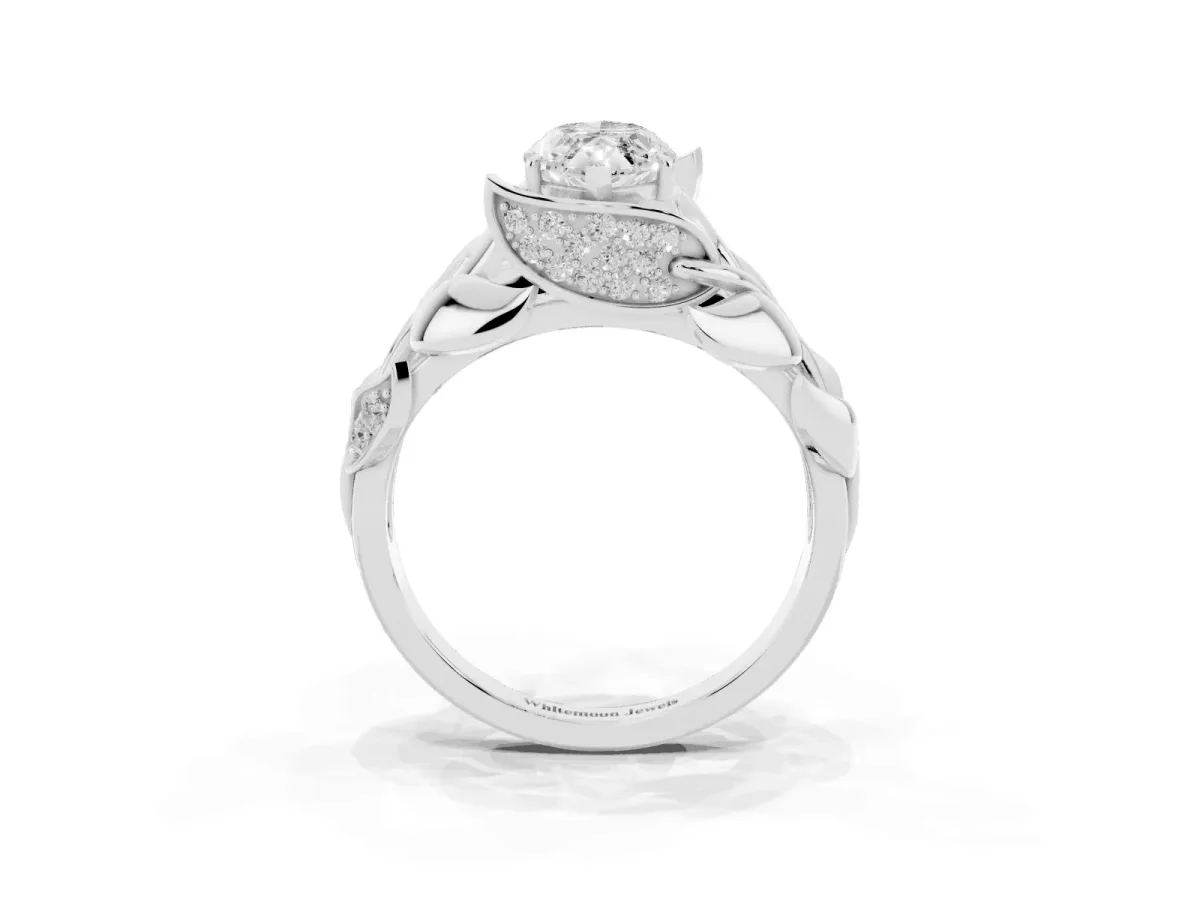 Marquise Cut Diamond Leaf-Inspired Engagement Ring with Round Accents and Prong Setting Platinum