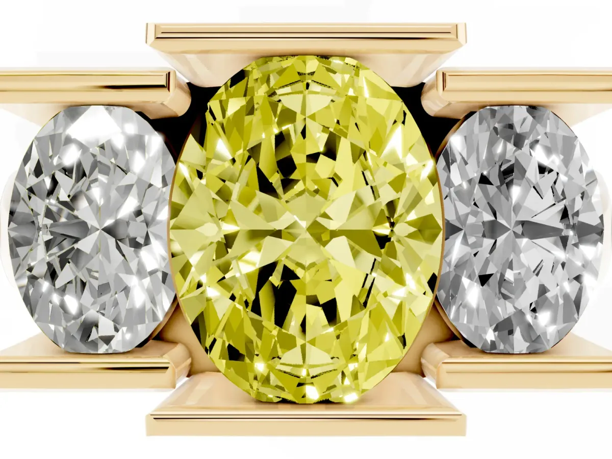 Fancy Yellow Three Stone Oval Cut Cut Channel Set Diamond Ring Yellow gold