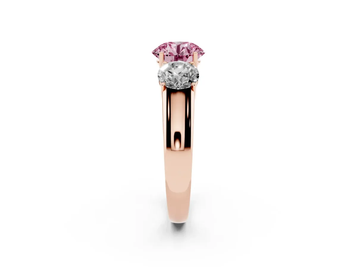 Fancy Pink Three-Stone Round Cut Cut Diamond Ring with Prong Setting and Classic Band Rose gold