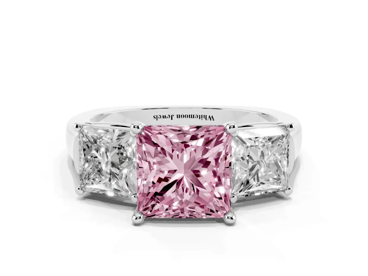 Fancy Pink Three-Stone Princess Cut Brilliant Diamond Trellis Ring with Comfort Fit Band White gold