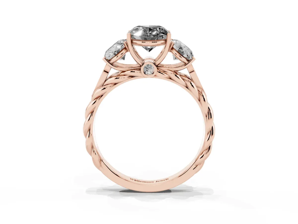 Fancy Black Three-Stone Oval Cut Diamond Braided Band Ring with Four-Prong Setting Rose gold