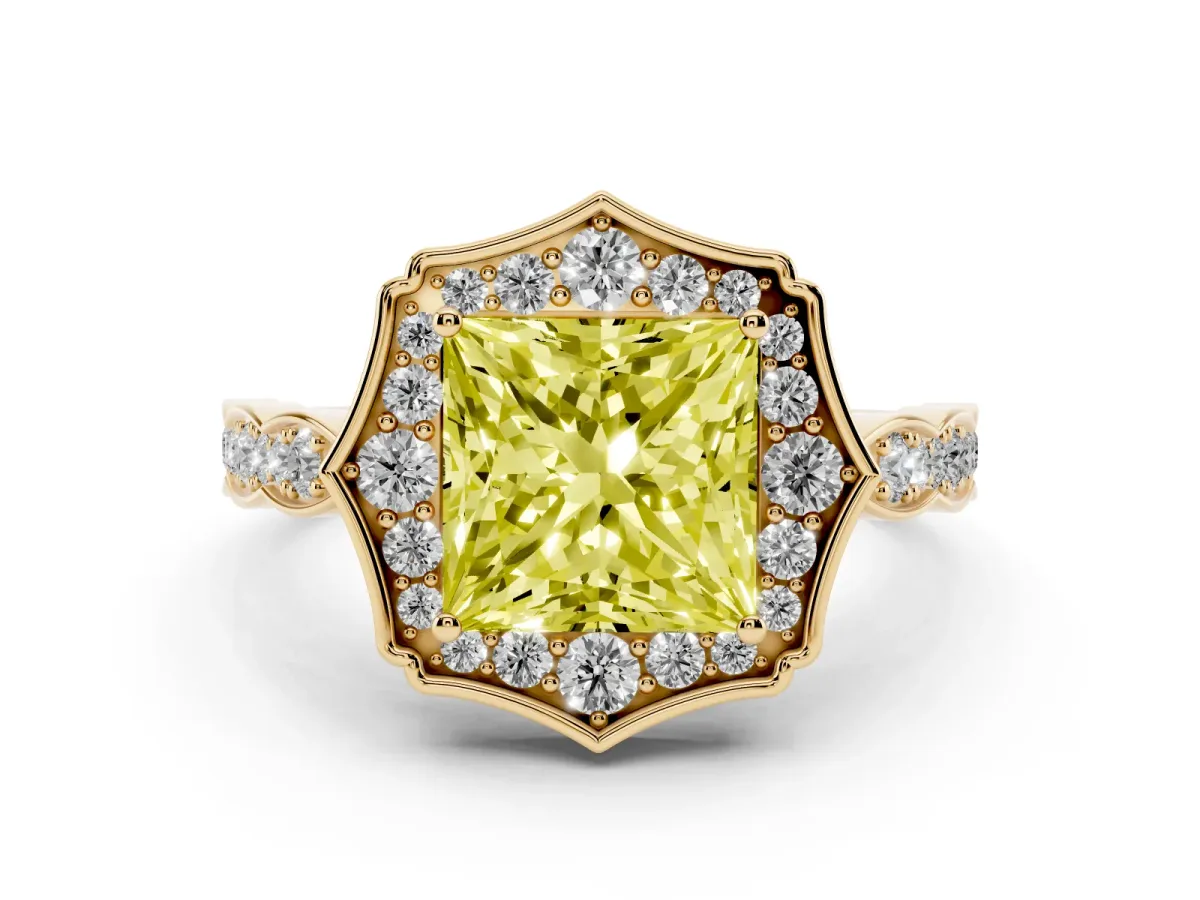 Fancy Yellow Princess Cut Halo Diamond Engagement Ring with Milgrain Band and Four-Prong Setting Yellow gold