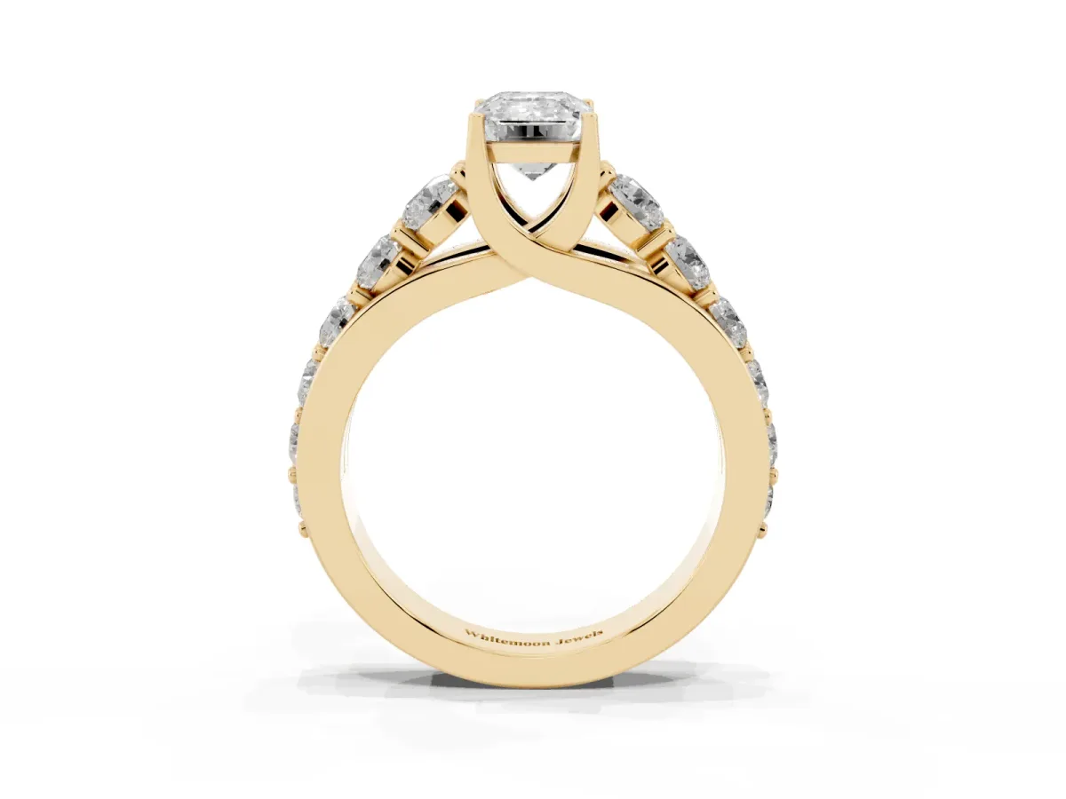 Emerald Cut Diamond Engagement Ring with Pavé Band and Four-Prong Setting Yellow gold
