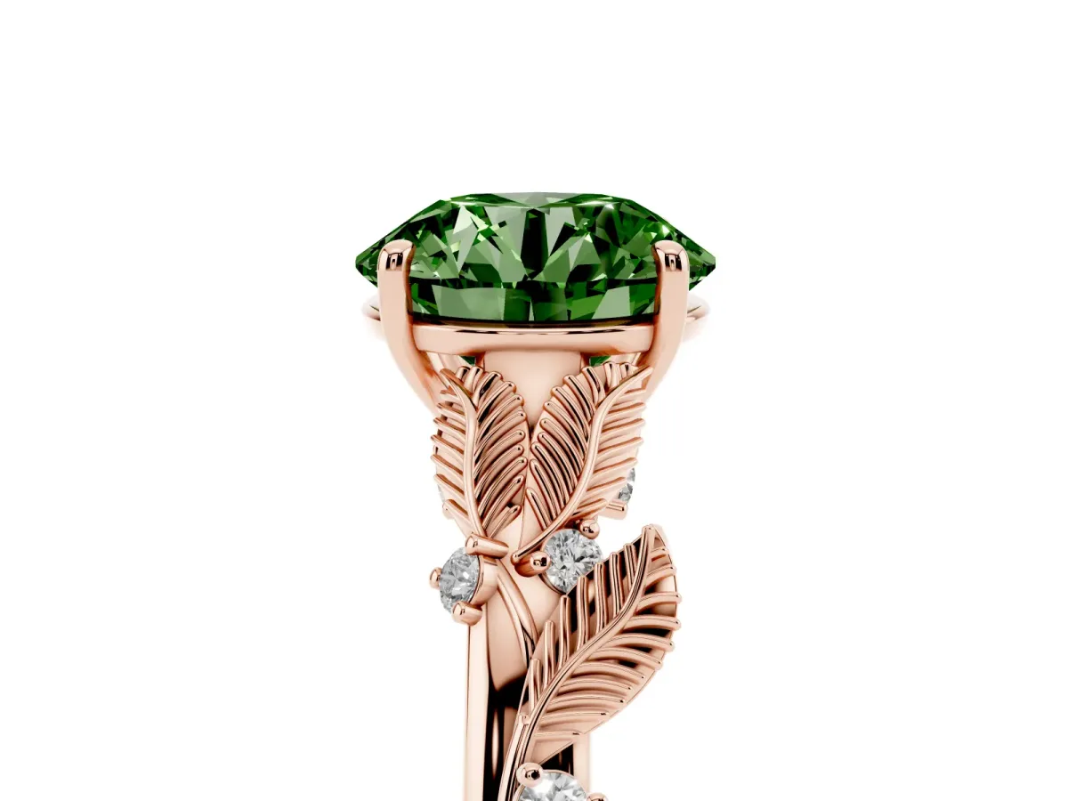 Fancy Green Round Cut Diamond Solitaire Ring with Leaf Motif Band and Four-Prong Setting Rose gold