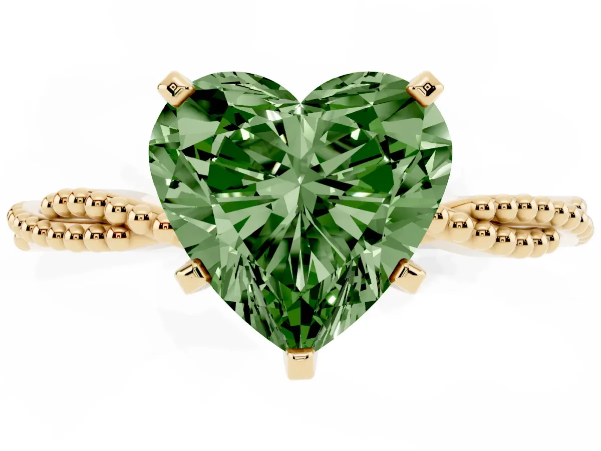 Fancy Green Heart Cut Solitaire Twisted Band with Bead Prong Setting Yellow gold