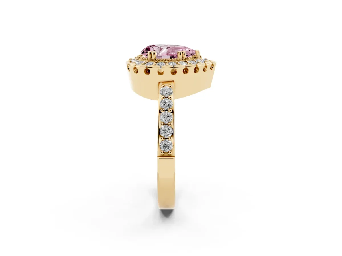 Fancy Pink Pear Cut Diamond Halo Ring with Pavé Band and Prong Setting Yellow gold