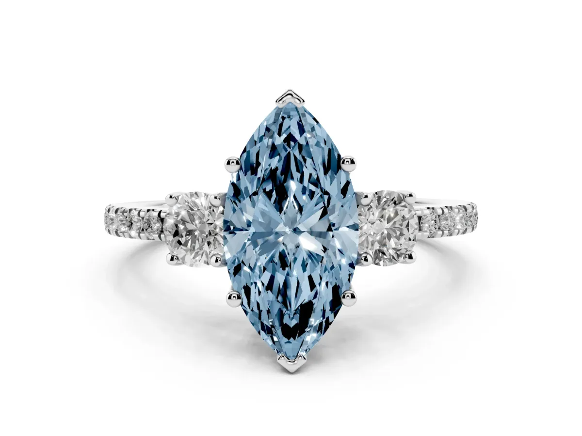 Fancy Blue Three-Stone Marquise Cut Cut Diamond Pavé Band with Prong Setting Platinum
