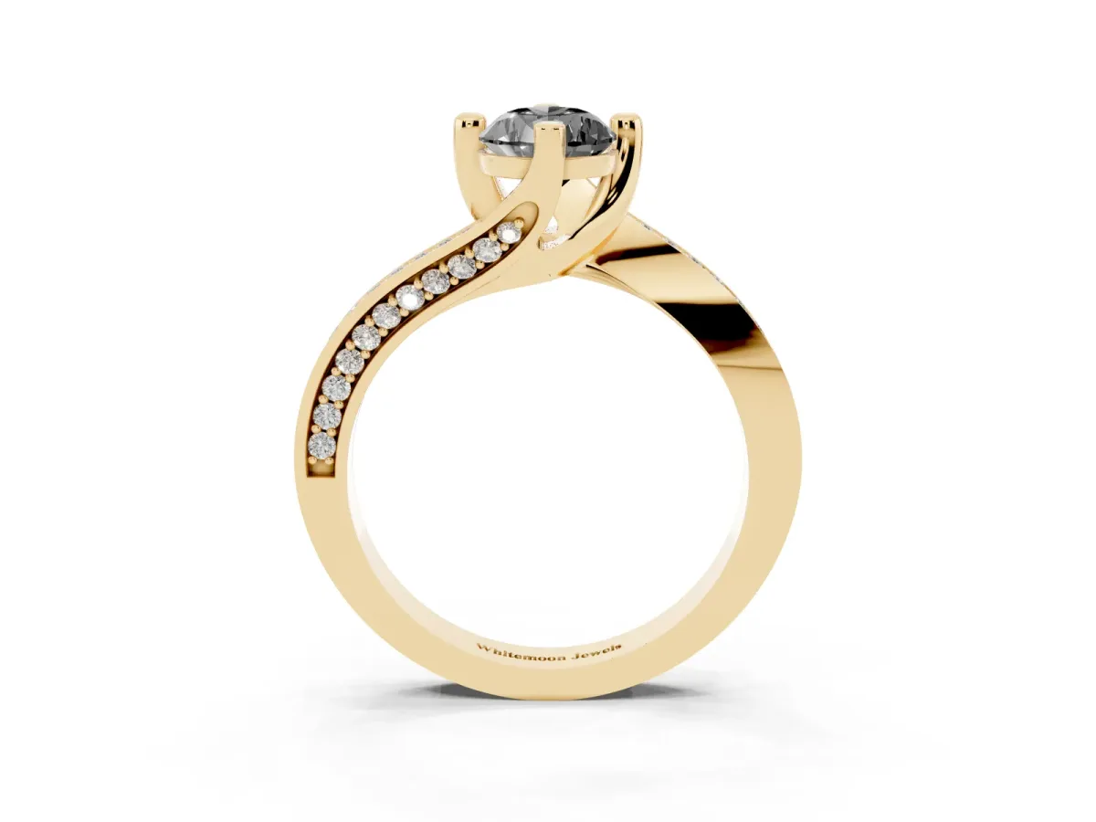Fancy Black Pear Cut Solitaire Diamond Twist Band with Pavé Setting and Four-Prong Setting Yellow gold
