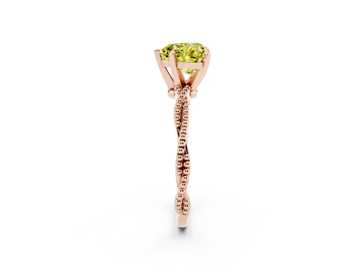 Fancy Yellow Heart Cut Solitaire Twisted Band with Bead Prong Setting Rose gold