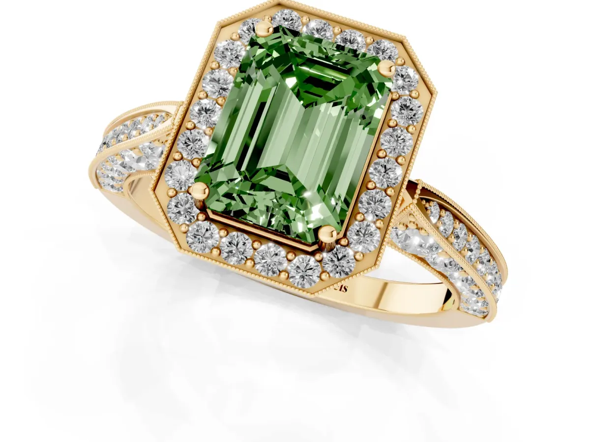 Fancy Green Emerald Cut Halo Diamond Engagement Ring with Split Shank Band and Four-Prong Setting Yellow gold