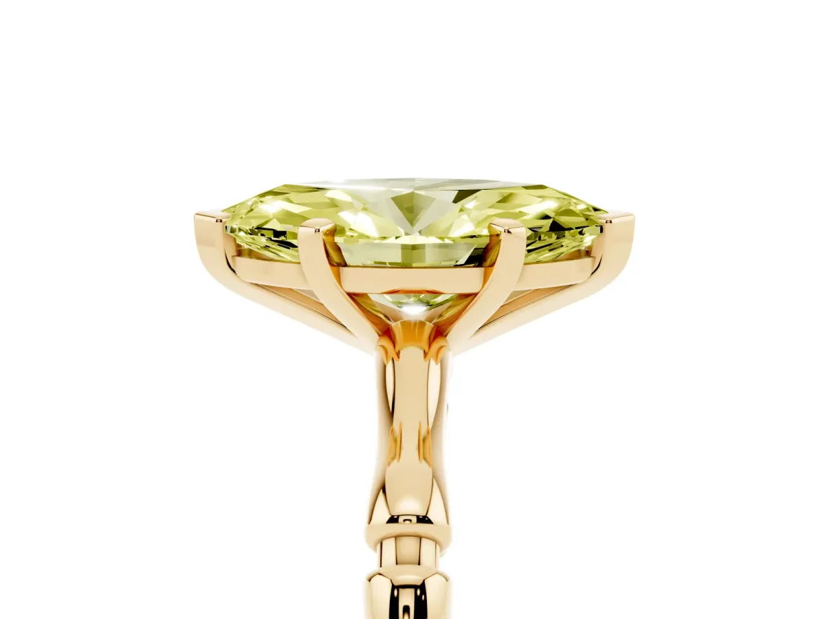 Fancy Yellow Marquise Cut Solitaire Diamond Ring with Bamboo Band and Four-Prong Setting Yellow gold