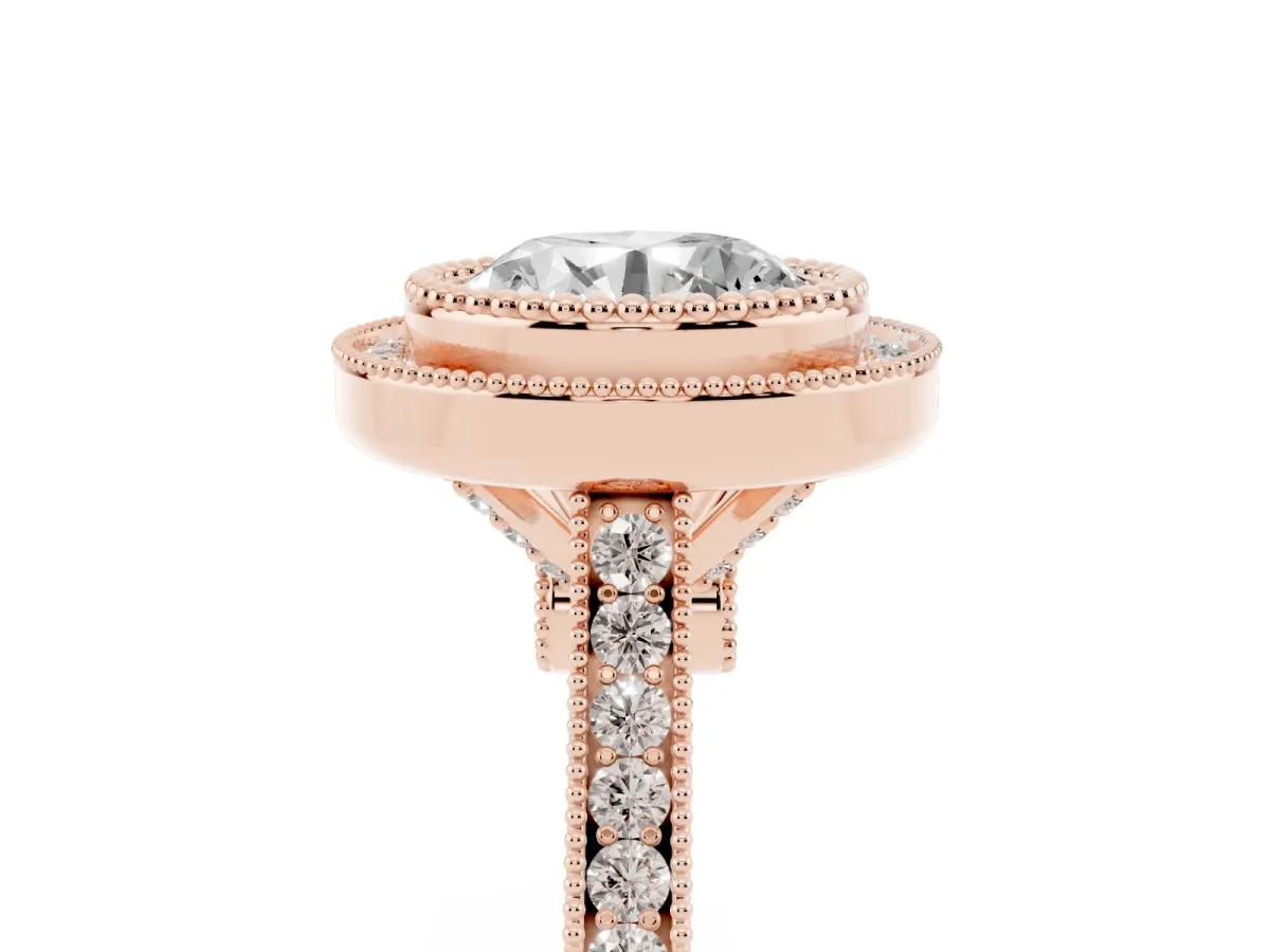 Round Cut Diamond Halo Ring with Milgrain Frame and Pavé Band Rose gold