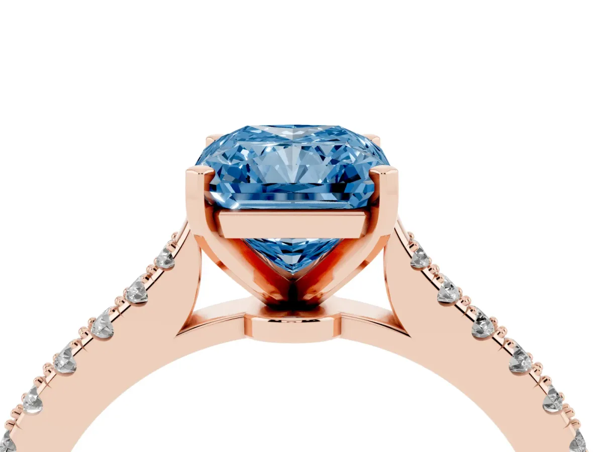 Fancy Blue Radiant Cut Cut Solitaire Diamond Engagement Ring with Pave Band and Four-Prong Setting Rose gold