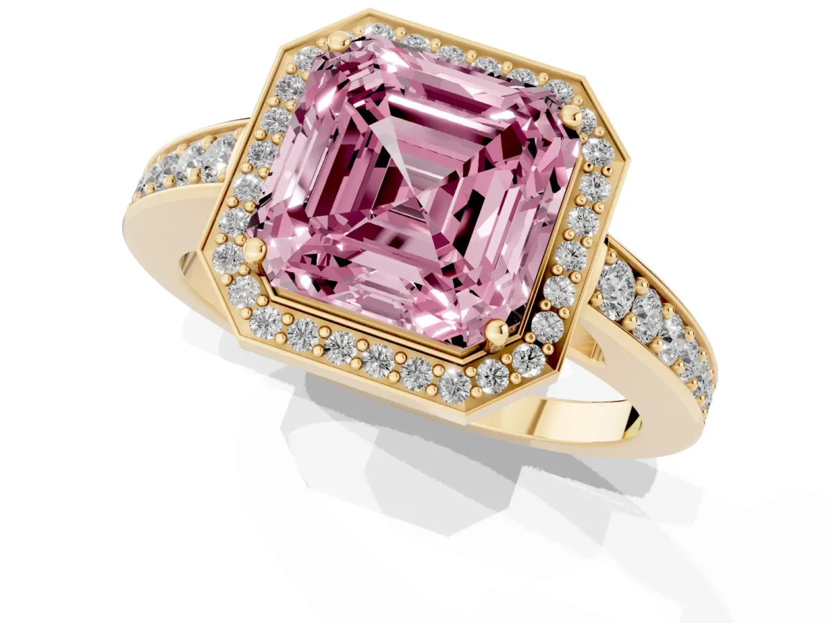 Fancy Pink Asscher Cut Halo Pavé Diamond Engagement Ring with Bezel Setting Yellow gold