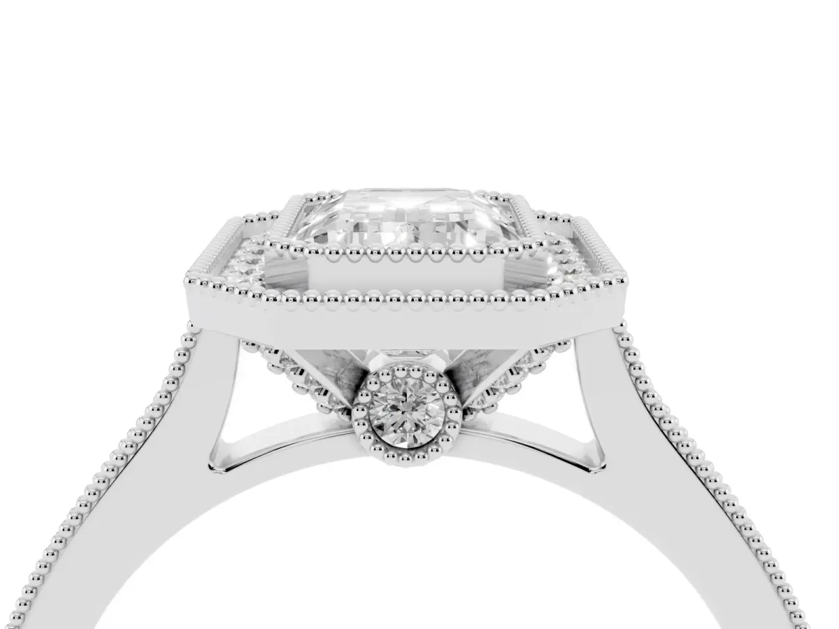 Halo Emerald Cut-Cut Diamond Pave Band Milgrain Prong Setting Ring Silver