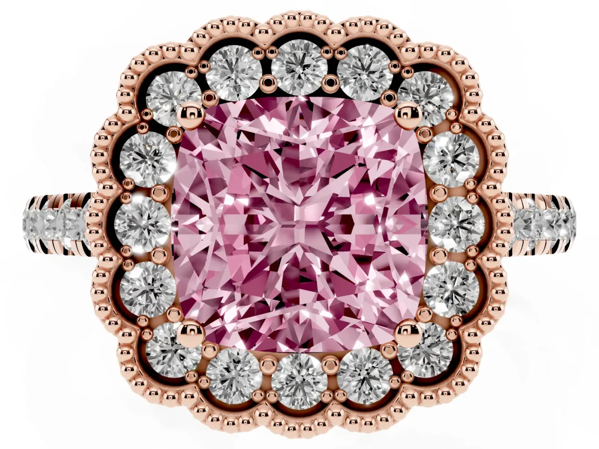 Fancy Pink Cushion Cut Cut Diamond Milgrain Floral Halo Engagement Ring with Pavé Band Rose gold