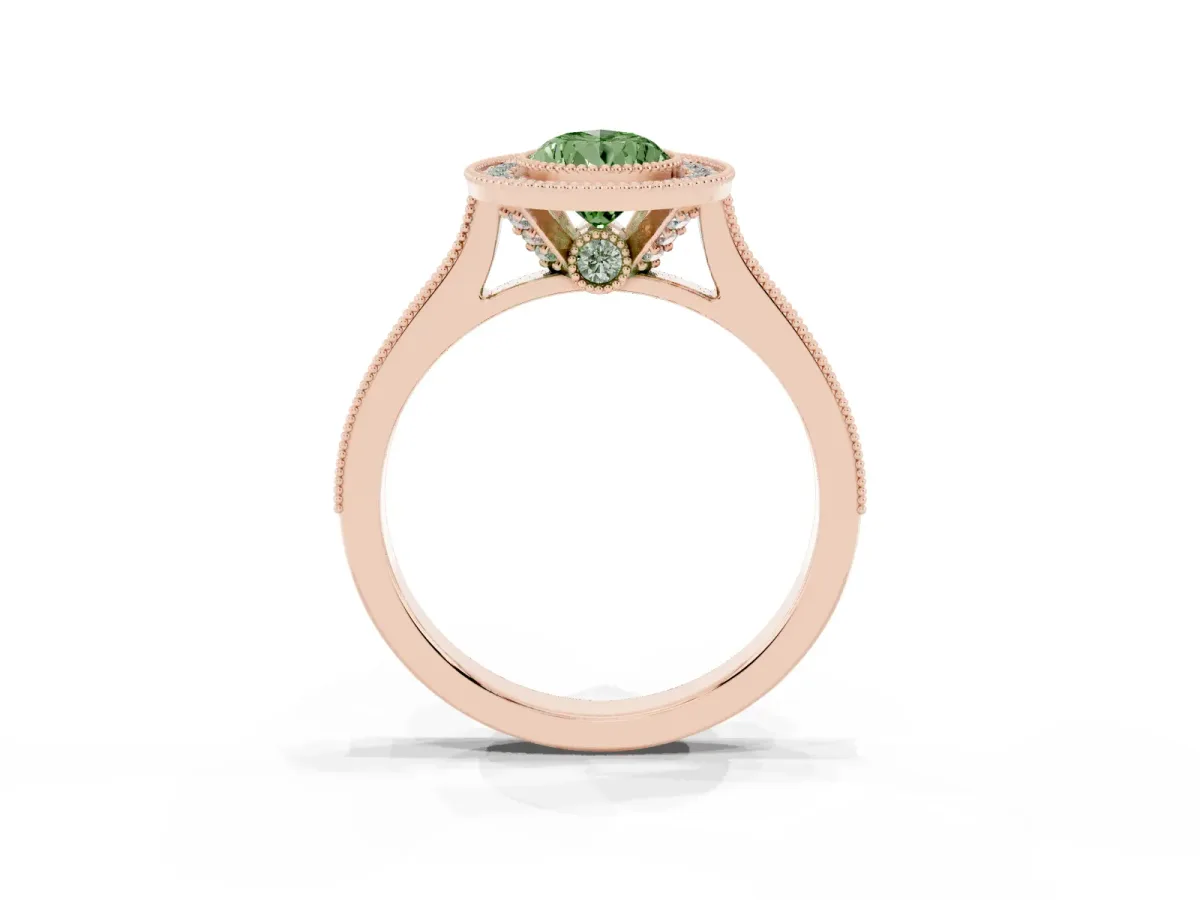 Fancy Green Halo Pear Cut-Cut Diamond Pave Band Milgrain Prong Setting Ring Rose gold