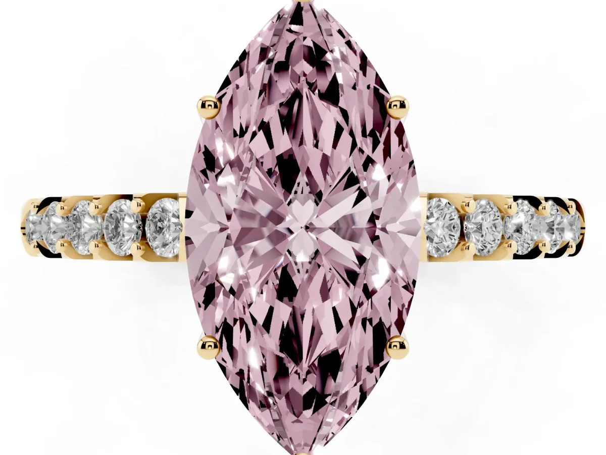 Fancy Pink Marquise Cut Solitaire Diamond Engagement Ring with Pavé Band and Six-Prong Setting Yellow gold