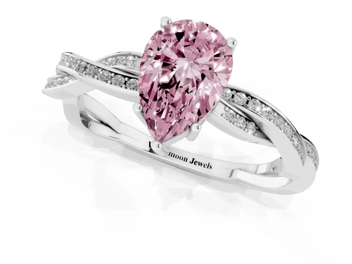 Fancy Pink Pear Cut Solitaire Twisted Pave Diamond Ring with Four-Prong Setting Silver