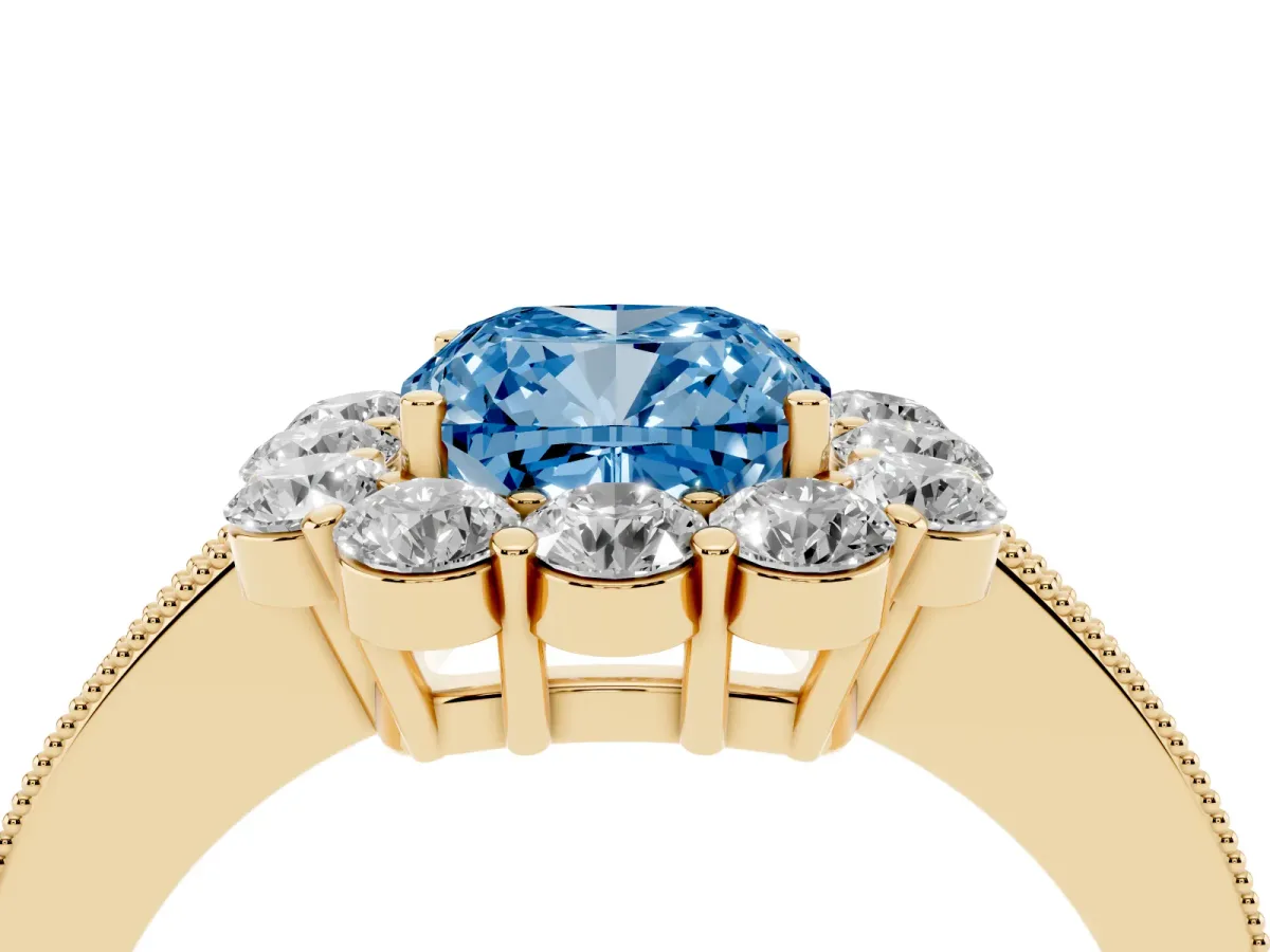 Fancy Blue Cushion Cut Cut Halo Diamond Pavé Engagement Ring with Milgrain Detailing Yellow gold