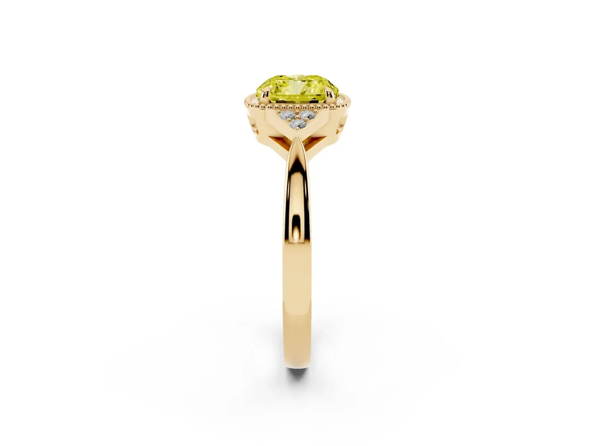 Fancy Yellow Cushion Cut Diamond Halo Ring with Tapered Band and Four-Prong Setting Yellow gold