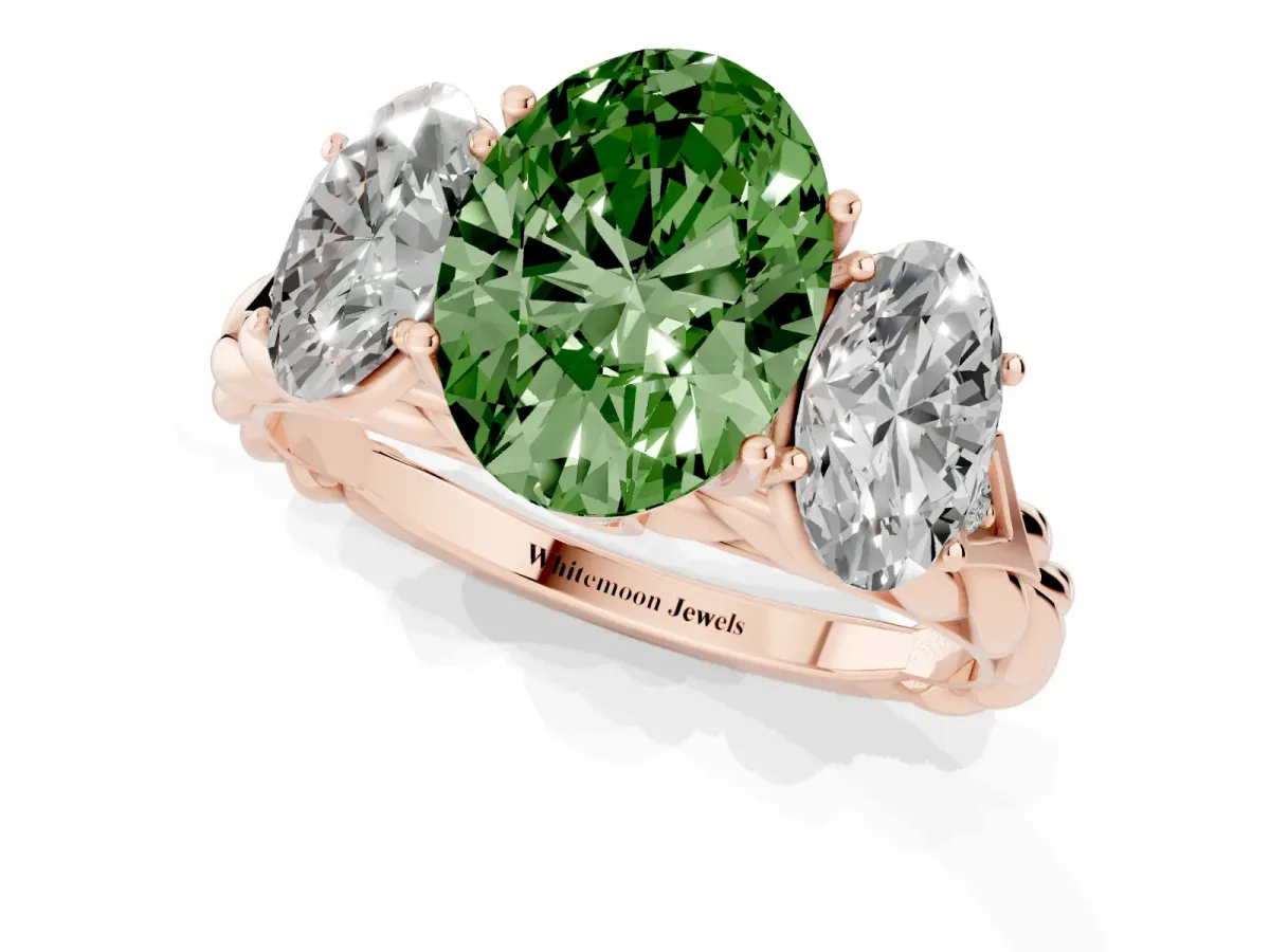 Fancy Green Three-Stone Oval Cut Diamond Braided Band Ring with Four-Prong Setting Rose gold