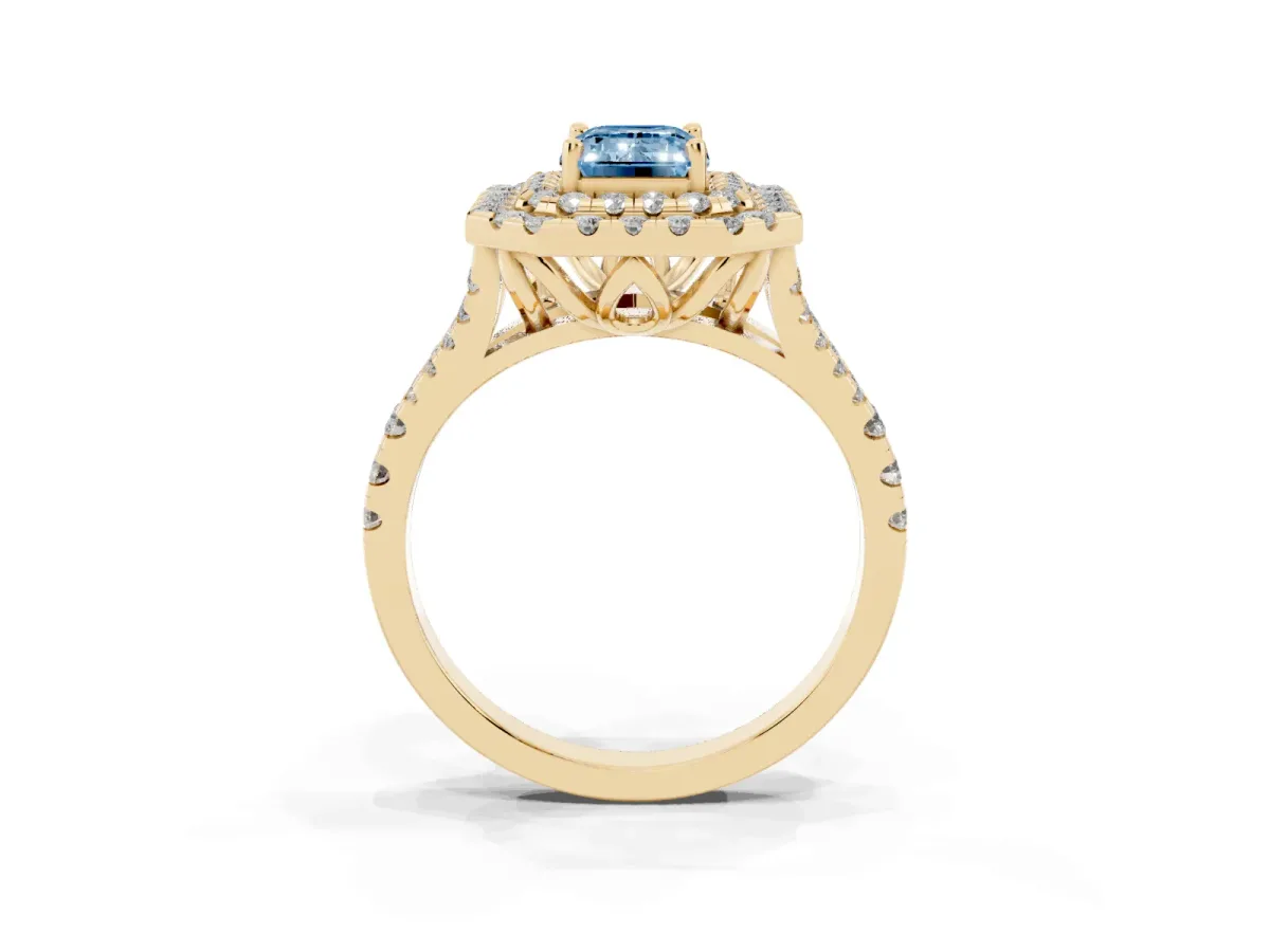 Fancy Blue Double Halo Emerald Cut Diamond Pavé Split Shank Ring with Prong Setting Yellow gold
