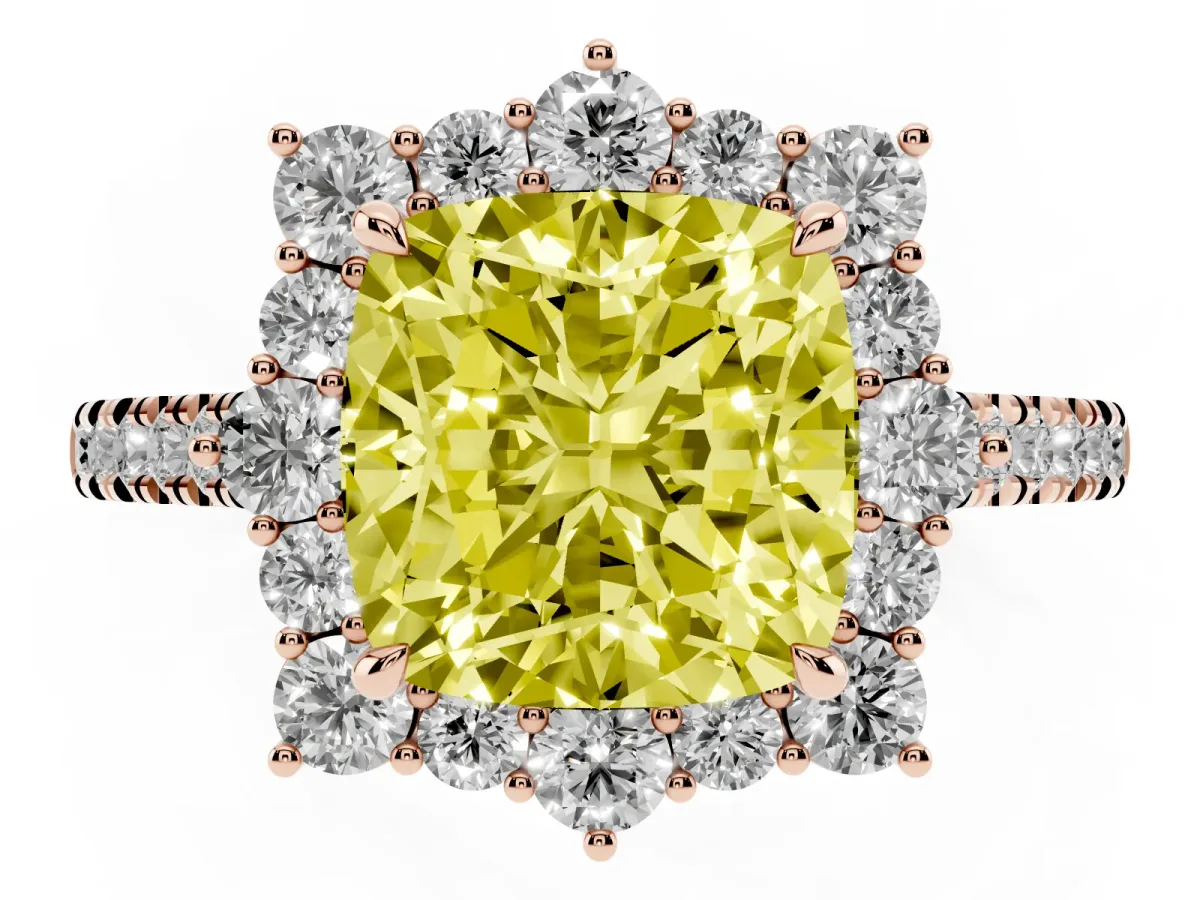 Fancy Yellow Cushion Cut Halo Diamond Ring with Pavé Band and Prong Setting Rose gold