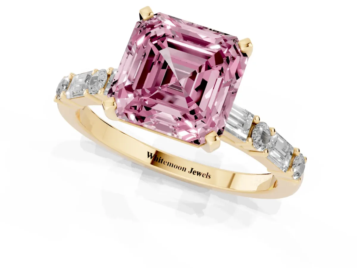 Fancy Pink Asscher Cut Diamond Solitaire with Side Baguettes and Channel Set Band Yellow gold