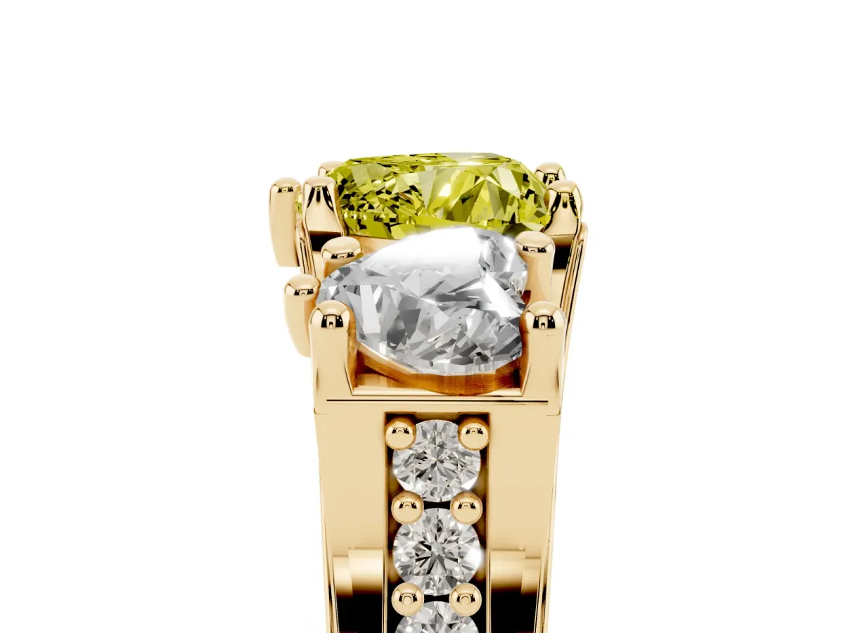 Fancy Yellow Heart Cut Diamond Three-Stone Ring with Channel Set Band and Four-Prong Setting Yellow gold