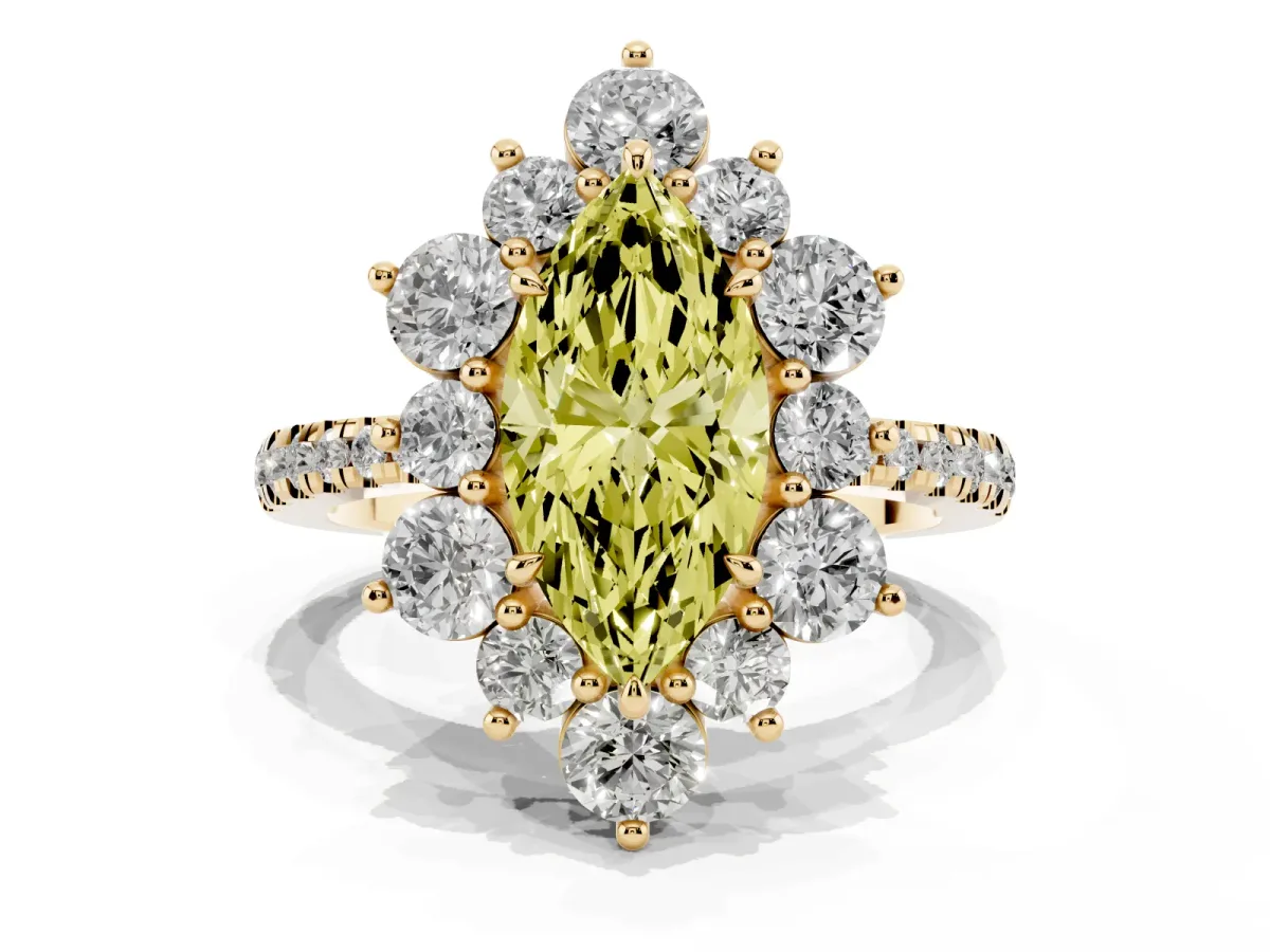 Fancy Yellow Marquise Cut Diamond Floral Halo Ring with Round Pavé Band and Prong Setting Yellow gold