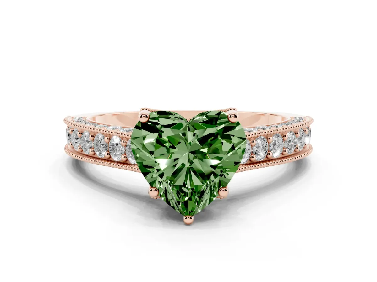Fancy Green Heart Cut Cut Diamond Solitaire Ring with Milgrain Pave Band and Four Prong Setting Rose gold
