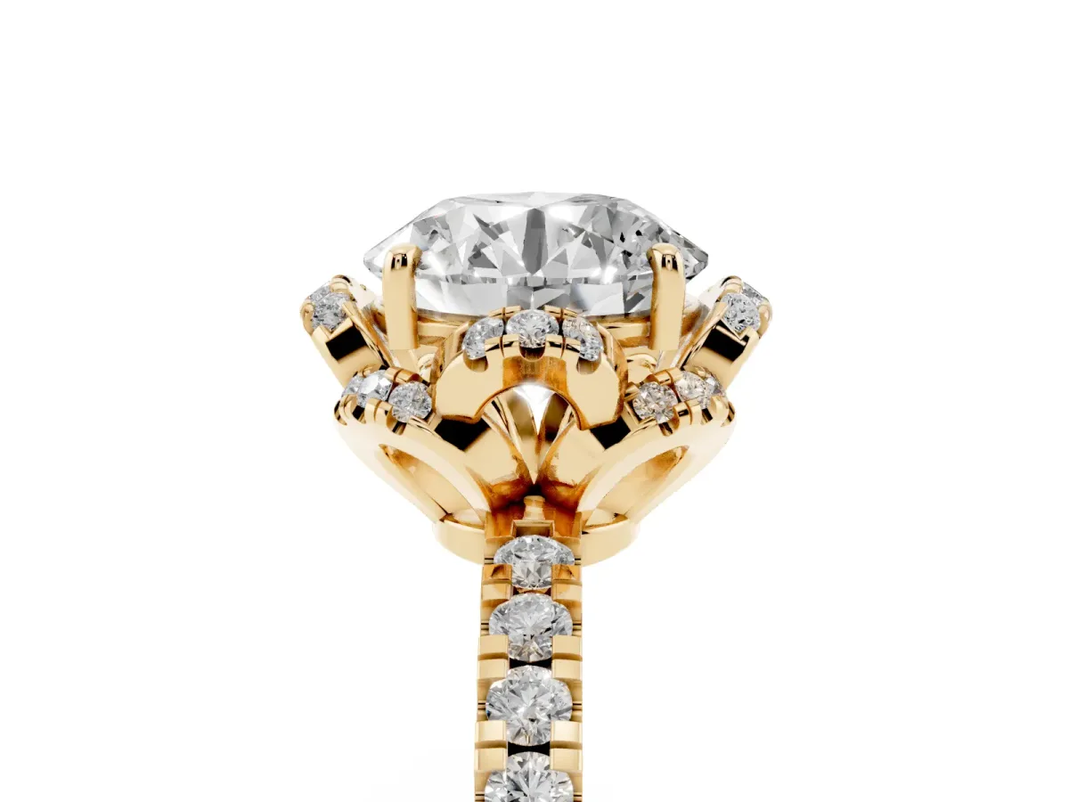 Round Cut Halo Diamond Pave Band Ring with Four-Prong Setting Yellow gold