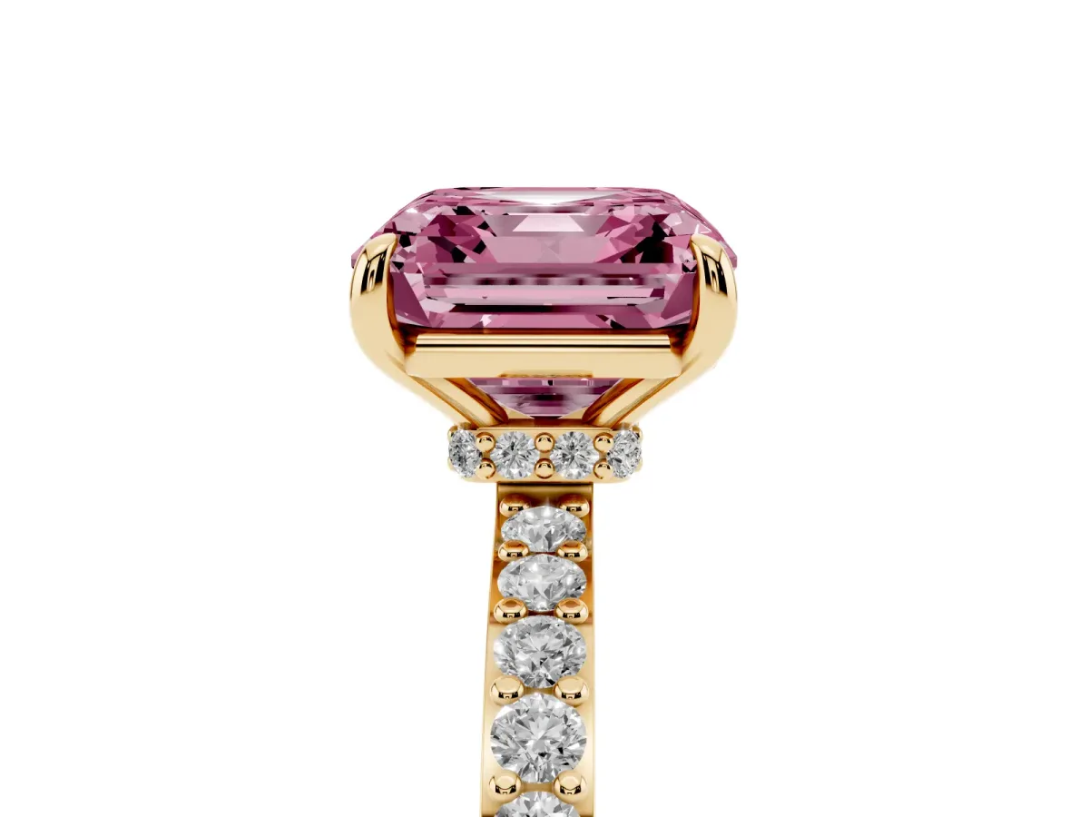 Fancy Pink Asscher Cut Diamond Pavé Engagement Ring with Round Accents and Prong Setting Yellow gold