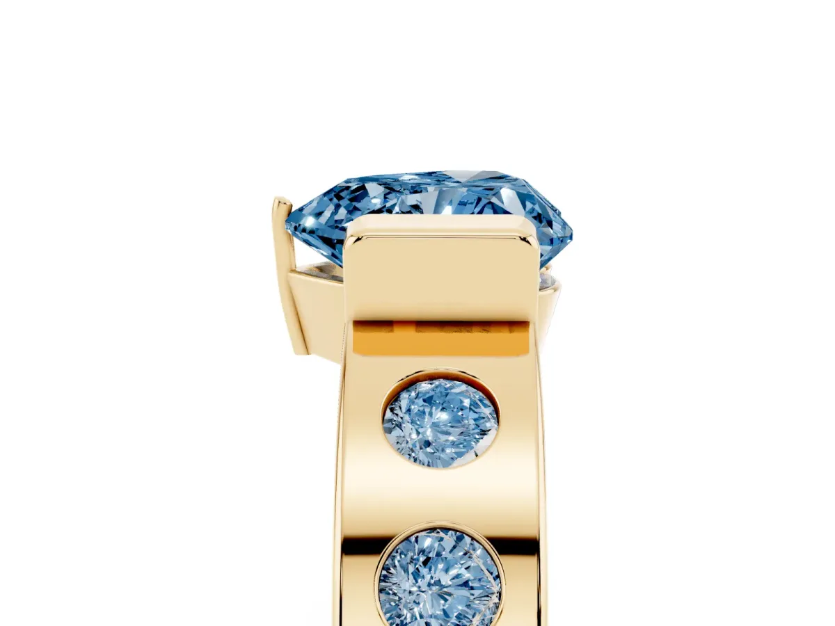 Fancy Blue Heart Cut Brilliant Channel-Set Diamond Ring with Bezel Prong Setting Yellow gold