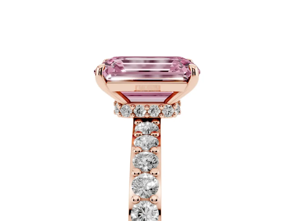 Fancy Pink Emerald Cut Diamond Solitaire Engagement Ring with Pavé Band and Four-Prong Setting Rose gold