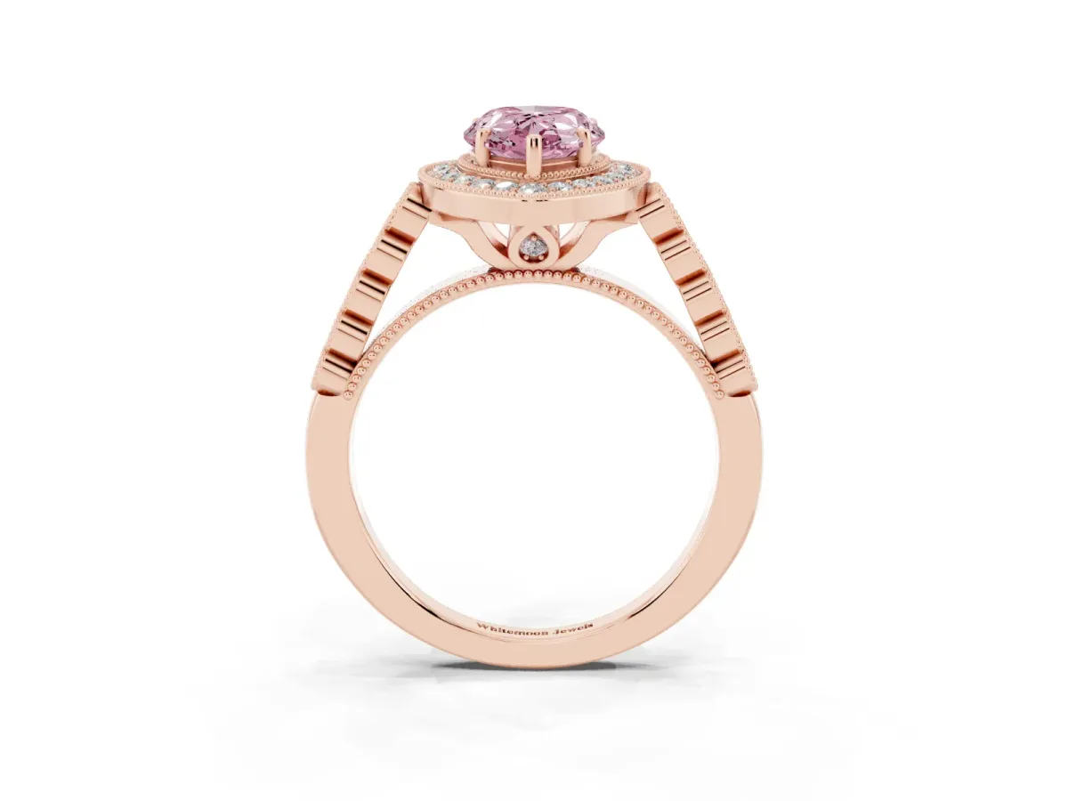 Fancy Pink Pear Cut Halo Twist Band Solitaire Ring with Six-Prong Setting Rose gold