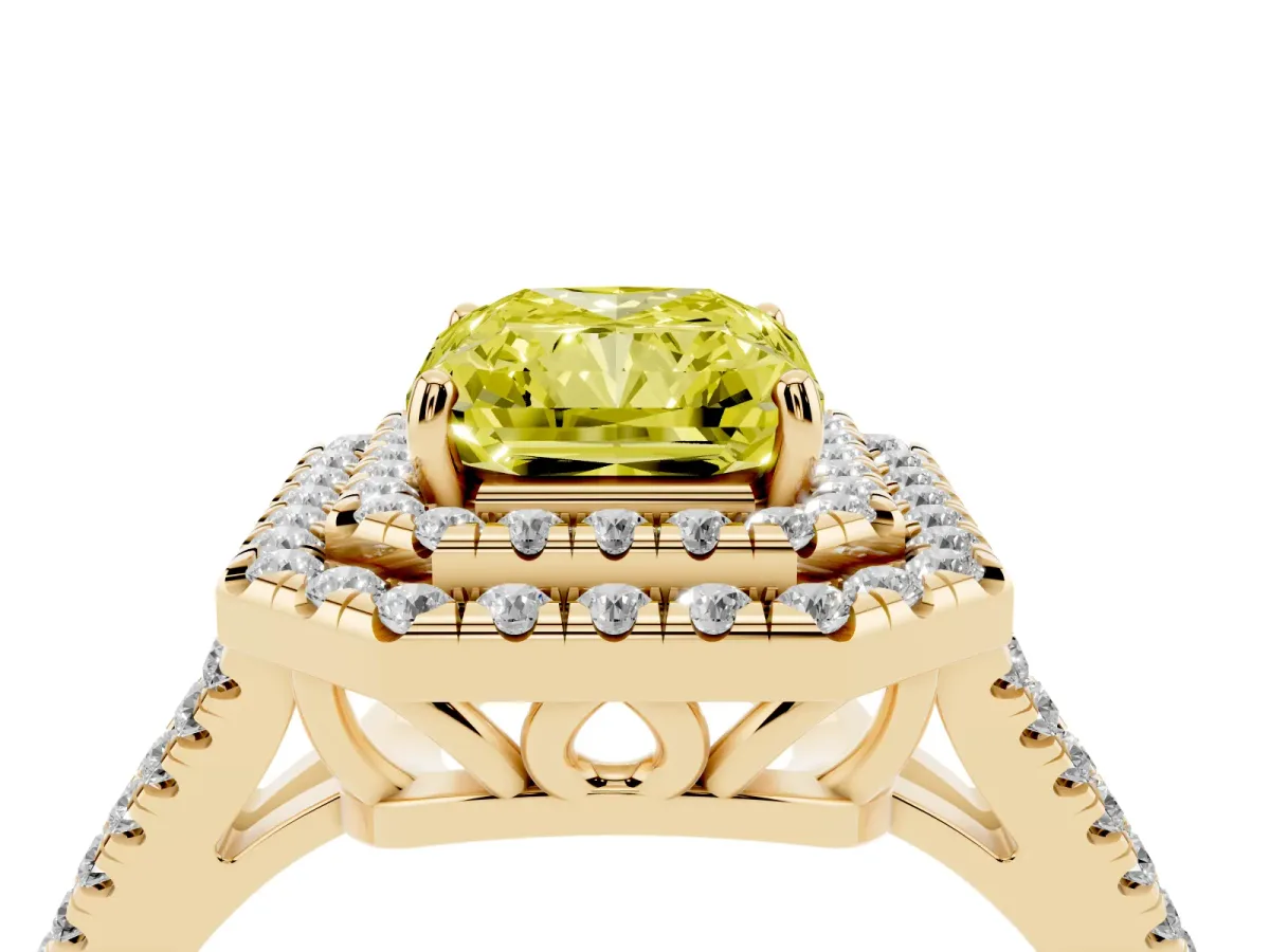 Fancy Yellow Radiant Cut Diamond Double Halo Ring with Pavé Band and Prong Setting Yellow gold