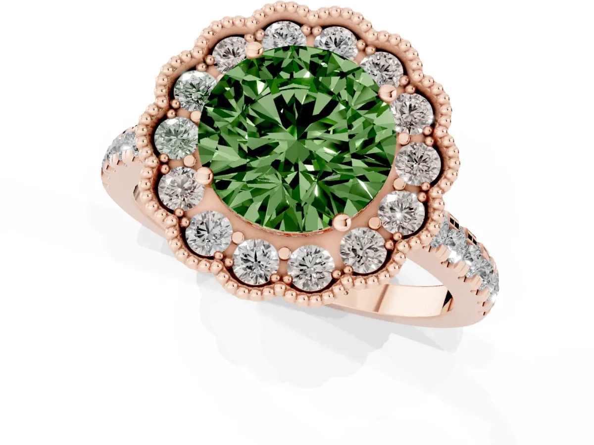 Fancy Green Round Cut Cut Diamond Milgrain Floral Halo Engagement Ring with Pavé Band Rose gold