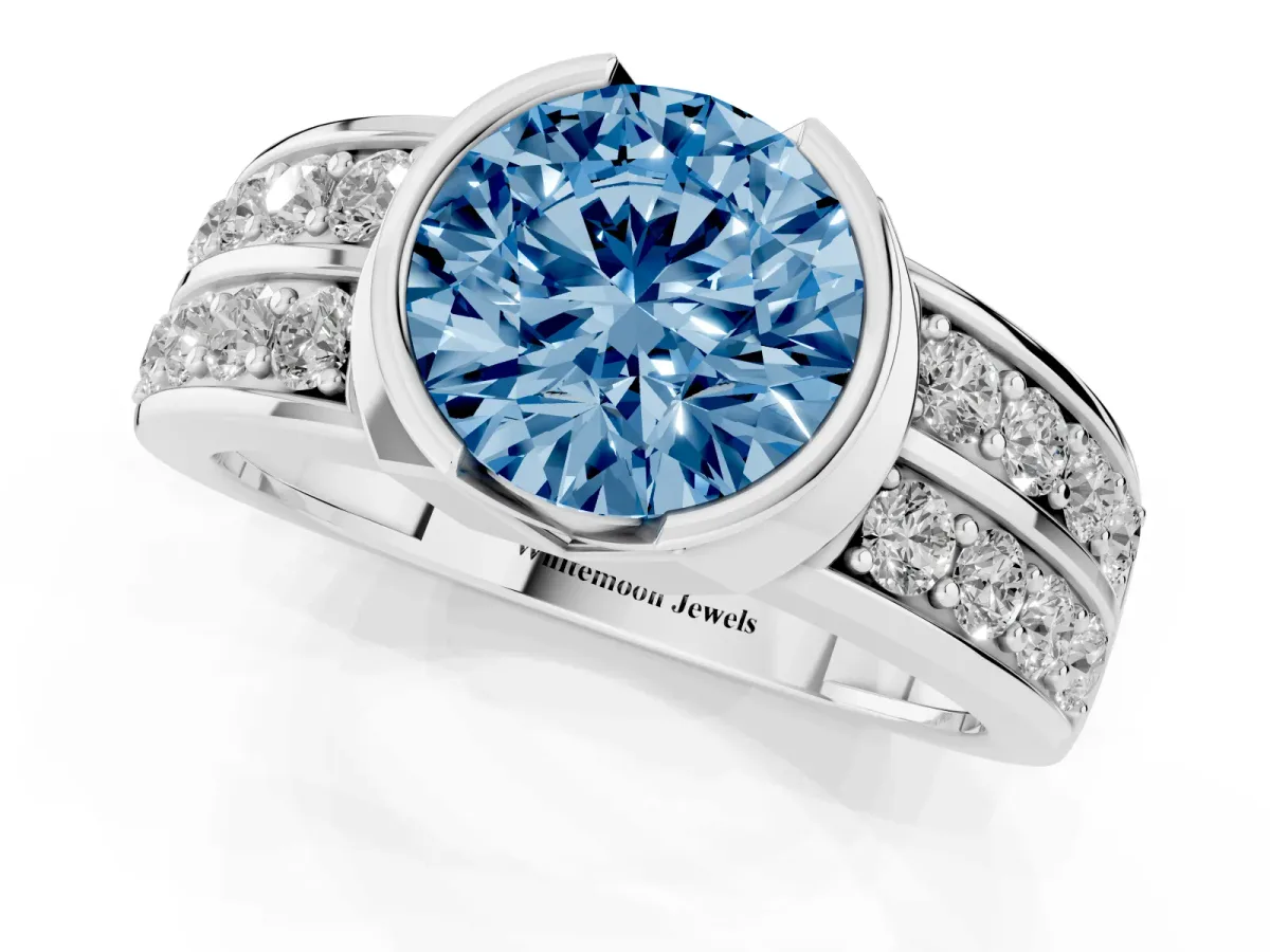 Fancy Blue Round Cut Brilliant Diamond Channel Set Wide Band Ring with Bezel Setting Platinum