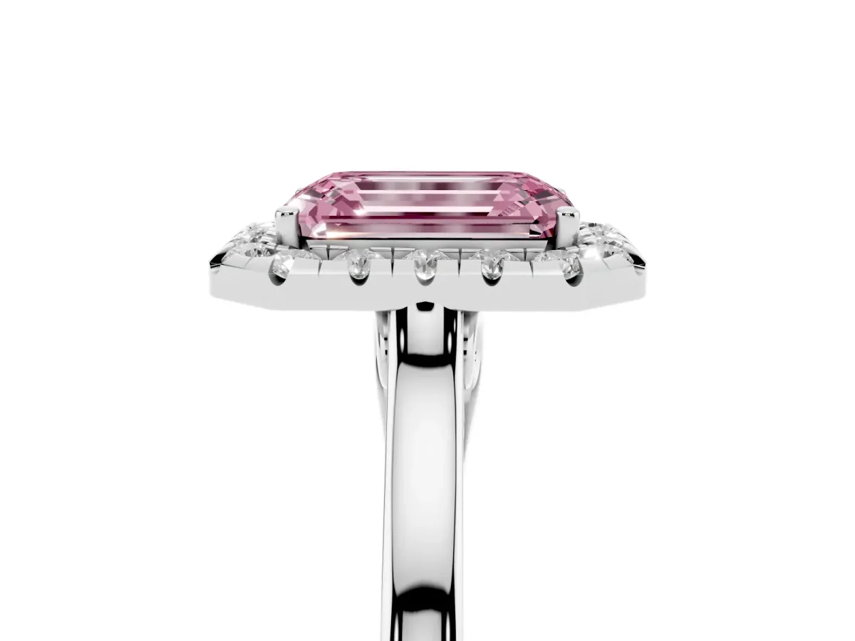 Fancy Pink Emerald Cut Halo Round Diamond Solitaire Ring with Pavé Band and Four-Prong Setting White gold