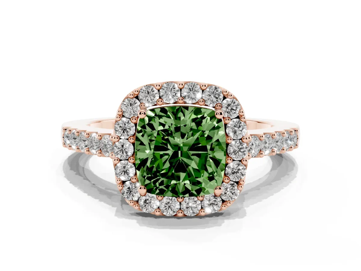 Fancy Green Cushion Cut Halo Diamond Pavé Solitaire Ring Rose gold