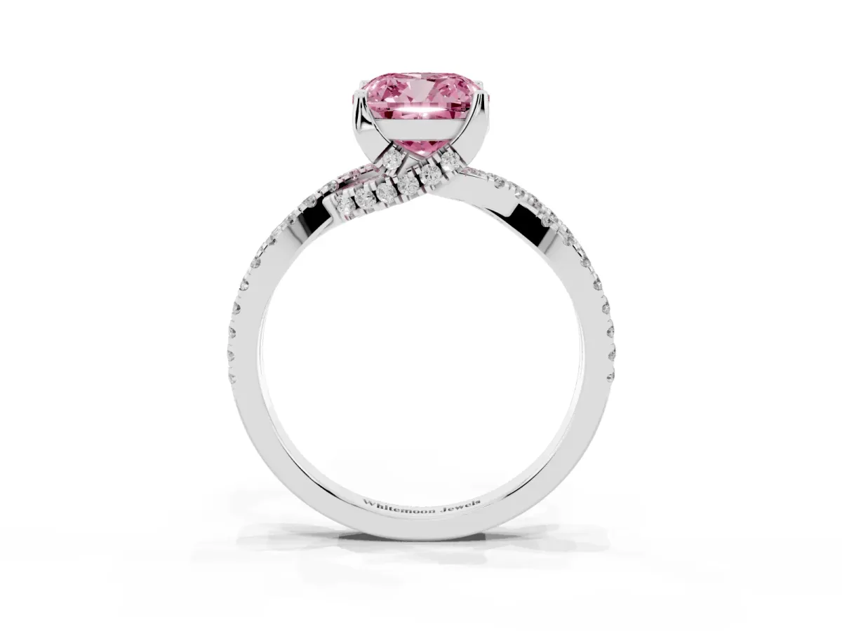 Fancy Pink Cushion Cut Solitaire Twist Pave Diamond Engagement Ring with Prong Setting Silver