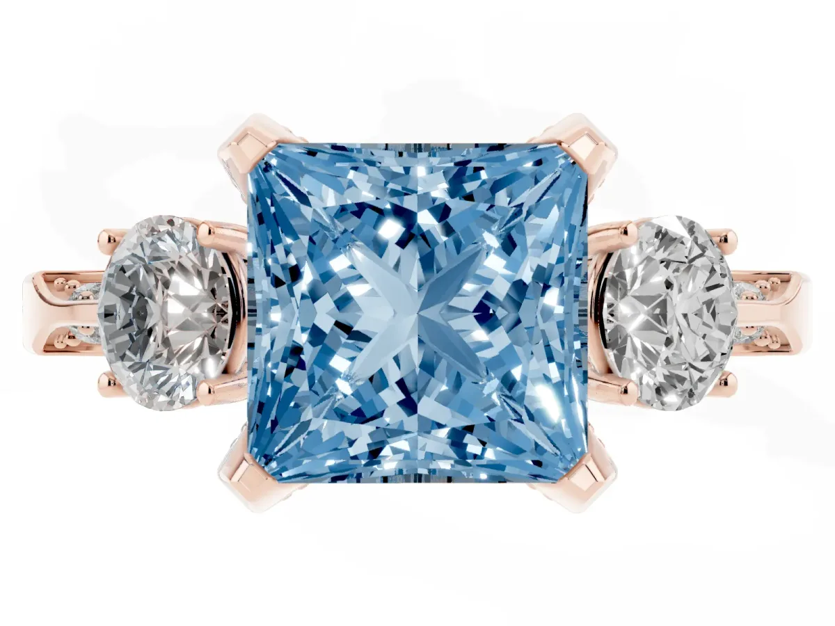 Fancy Blue Princess Cut Brilliant Three-Stone Diamond Ring with Pavé Band and Four-Prong Setting Rose gold