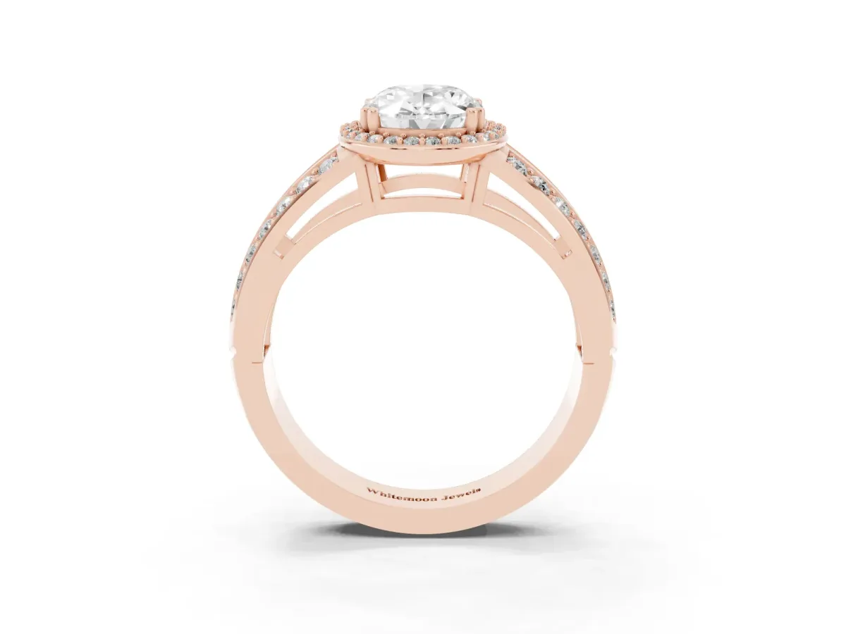 Oval Cut Diamond Halo Ring with Split Shank Pavé Band and Four-Prong Setting Rose gold