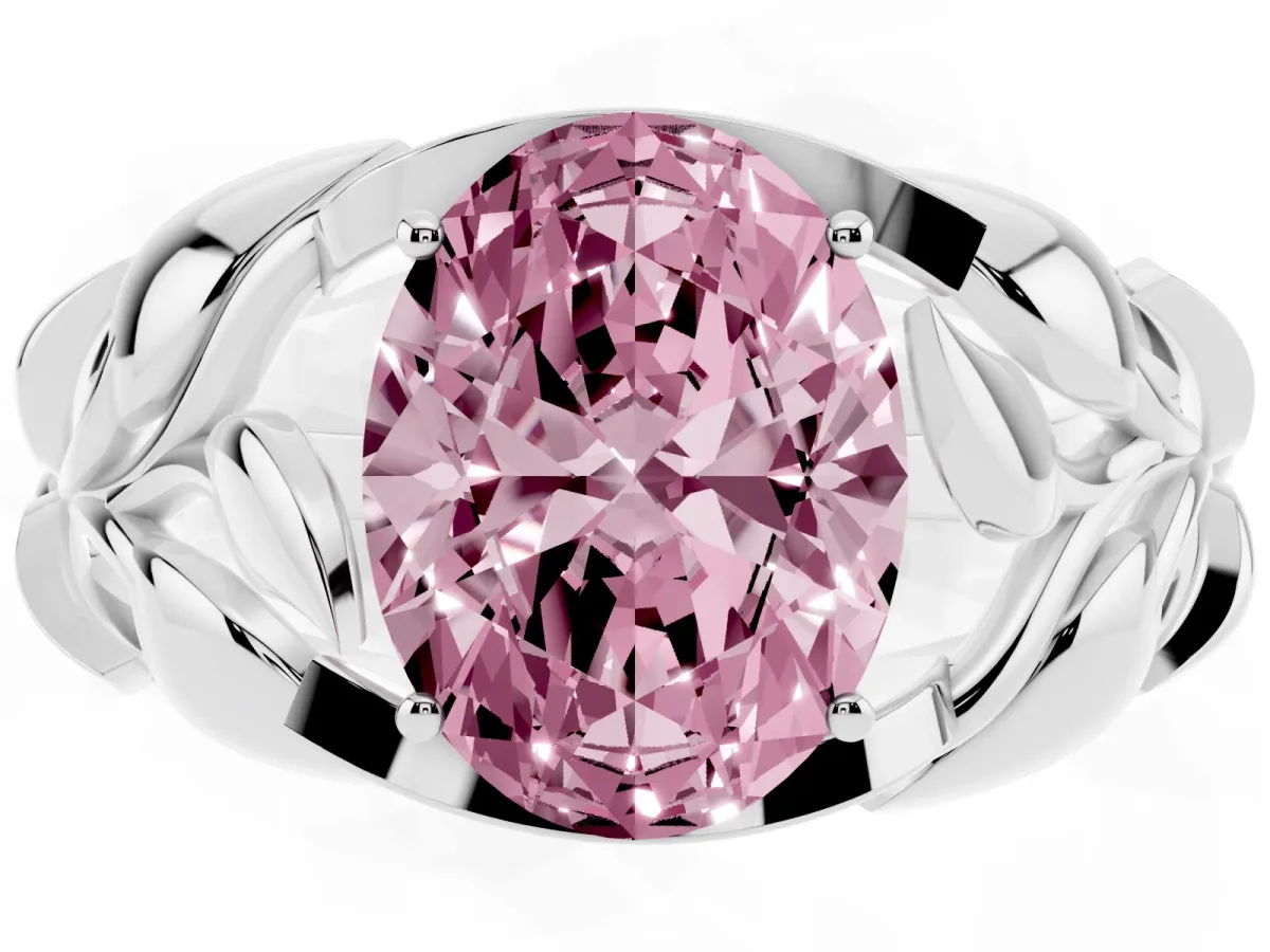 Fancy Pink Oval Cut Diamond Leaf-Inspired Engagement Ring with Round Accents and Prong Setting Silver