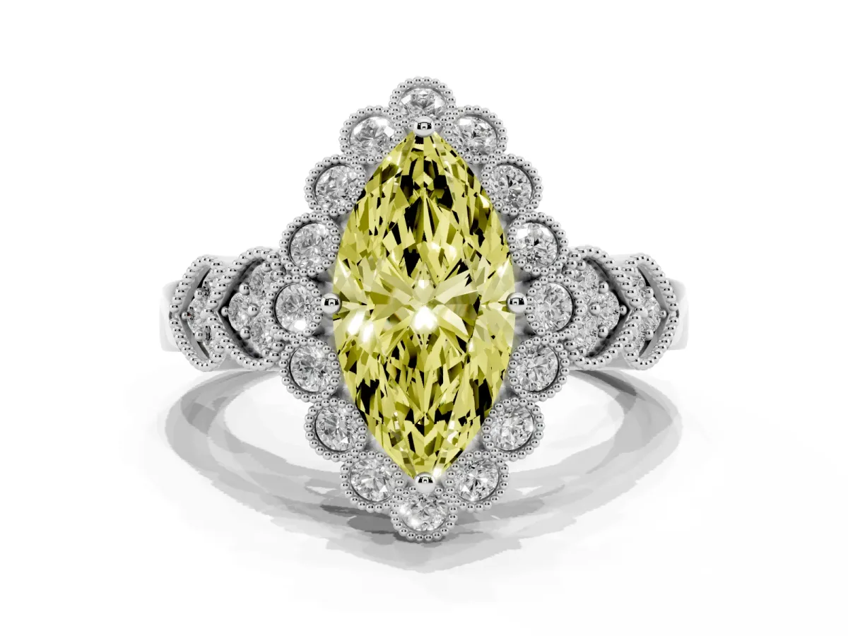 Fancy Yellow Marquise Cut Brilliant Milgrain Pave Heart Band Solitaire Ring Silver