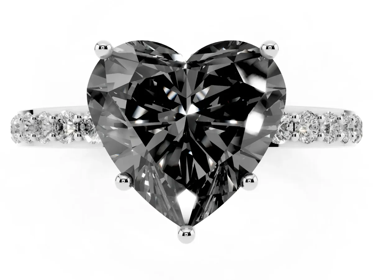 Fancy Black Heart Cut Diamond Solitaire Ring with Pavé Band and Hidden Halo Silver