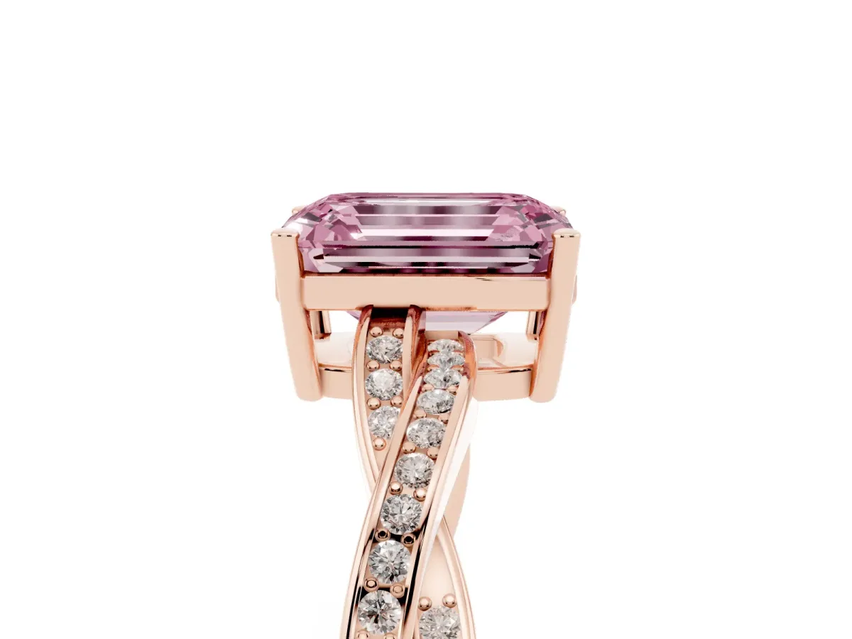 Fancy Pink Emerald Cut Solitaire Twisted Pave Diamond Ring with Four-Prong Setting Rose gold